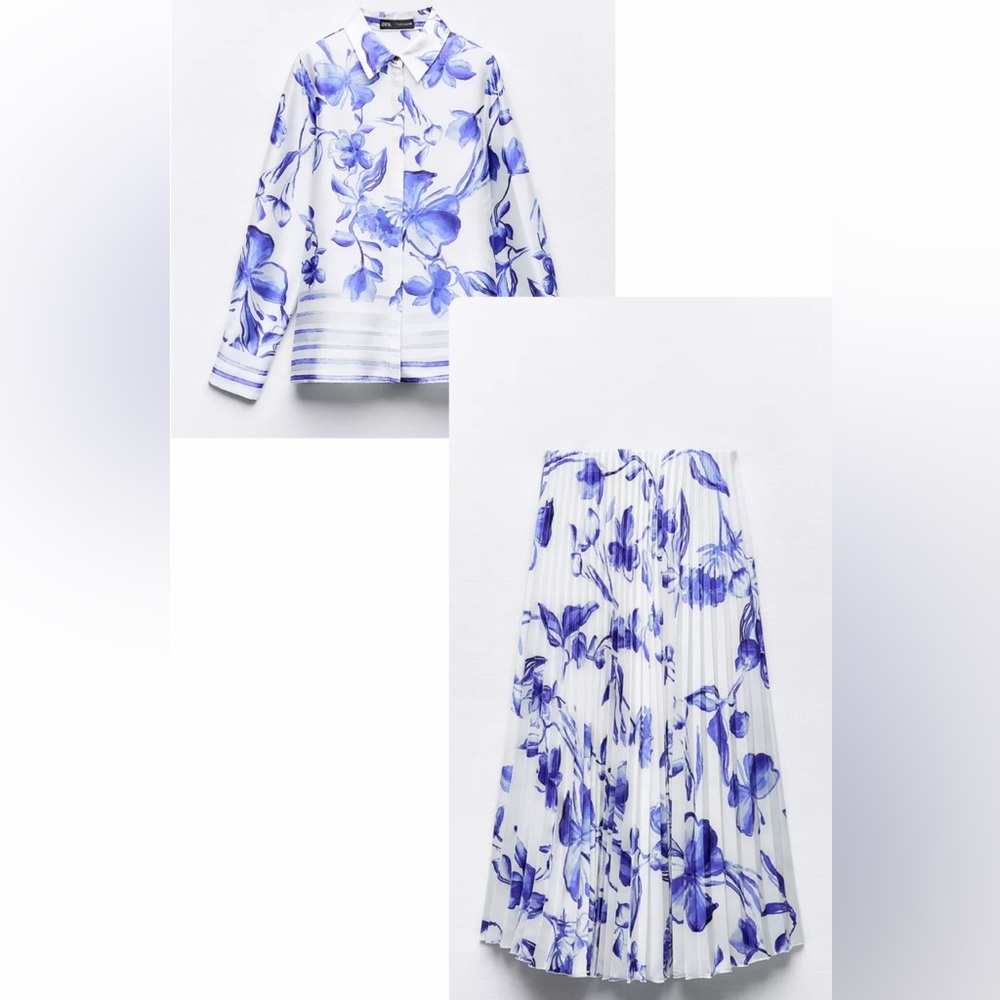 Zara Satin Effect WhiteBlue Pleated Skirt + Top